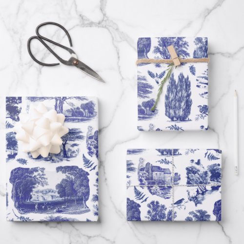 Elegant Vintage Blue Country Pastoral Toile Wrapping Paper Sheets