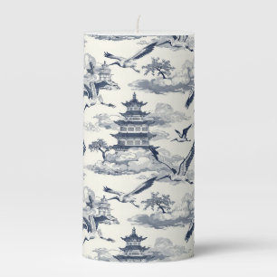 Elegant Vintage Blue Cranes and Chinese Temple Pillar Candle