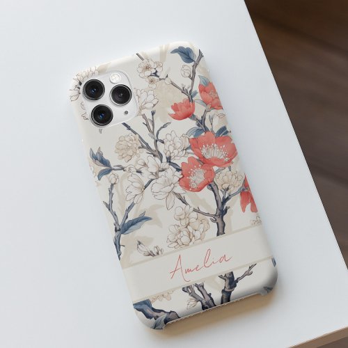 Elegant Vintage Blue Cream Coral Cherry Blossom iPhone 15 Pro Max Case