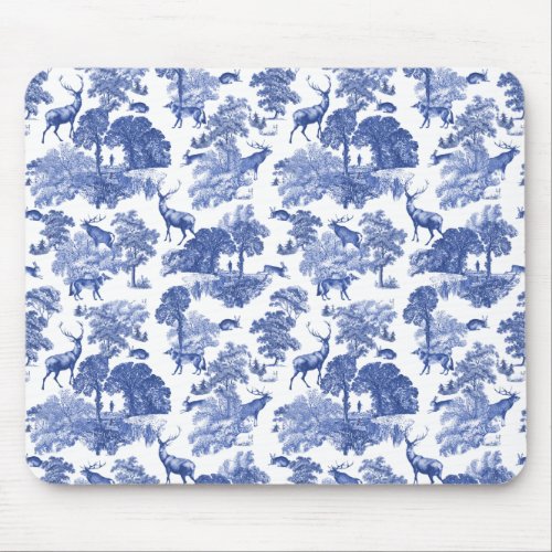 Elegant Vintage Blue Deer Fox Country Toile Mouse Pad