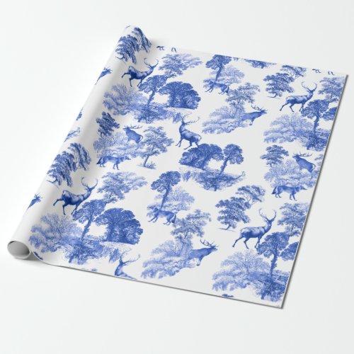 Elegant Vintage Blue Deer Fox Country Toile Wrapping Paper