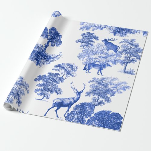 Elegant Vintage Blue Deer Fox Country Toile Wrapping Paper