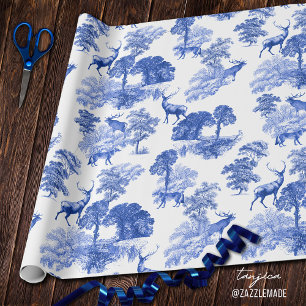 Elegant Vintage Blue Deer Fox Country Toile Wrapping Paper