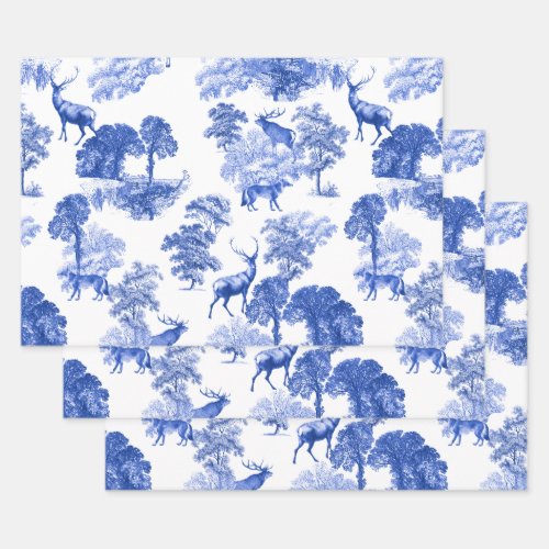 Elegant Vintage Blue Deer Fox Country Toile Wrapping Paper Sheets