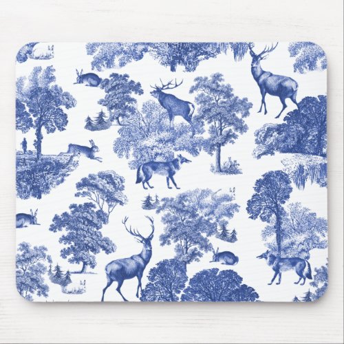 Elegant Vintage Blue Deer Fox Hare Country Toile Mouse Pad