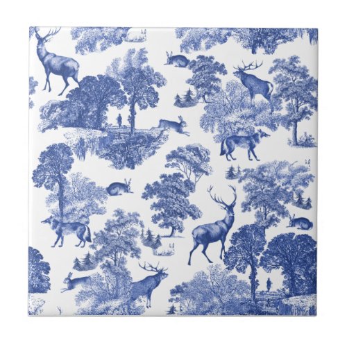 Elegant Vintage Blue Deer Toile Seamless  Ceramic Tile