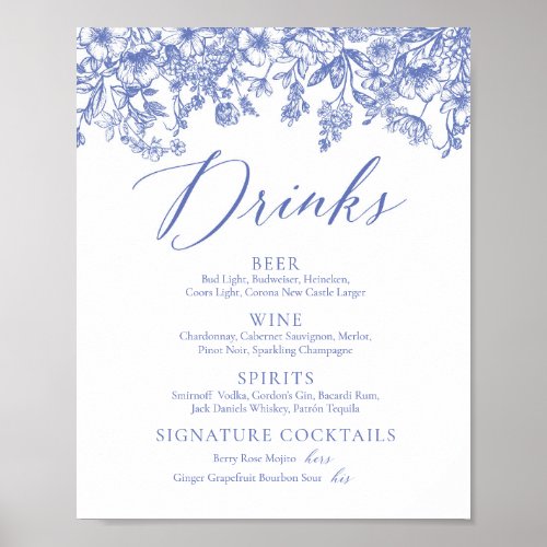 Elegant Vintage Blue Floral Drinks Menu Sign