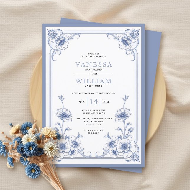 Elegant vintage blue floral frame wedding invitation (Creator Uploaded)