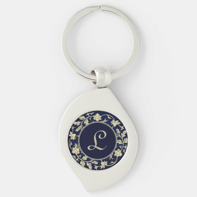 Elegant Vintage Blue Floral Initial Monogram Keychain (Front)