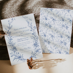 Elegant Vintage Blue Floral Jouy Wedding Invitation