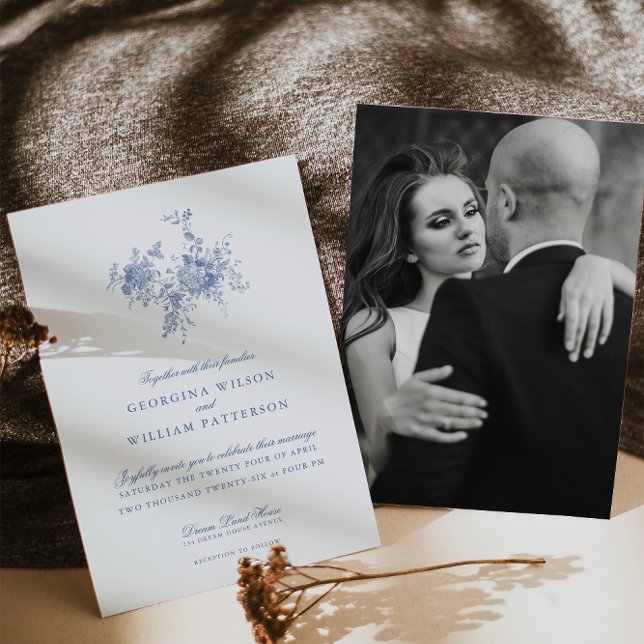 Elegant Vintage Blue Floral Jouy Wedding Invitation (Creator Uploaded)