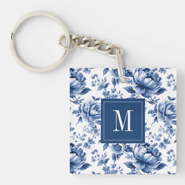 Elegant Vintage Blue Floral Monogram Keychain (Front)