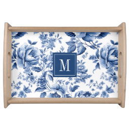 Elegant Vintage Blue Floral Monogram Serving Tray