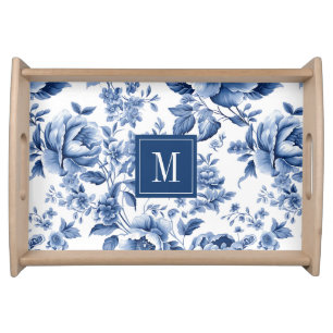 Elegant Vintage Blue Floral Monogram Serving Tray