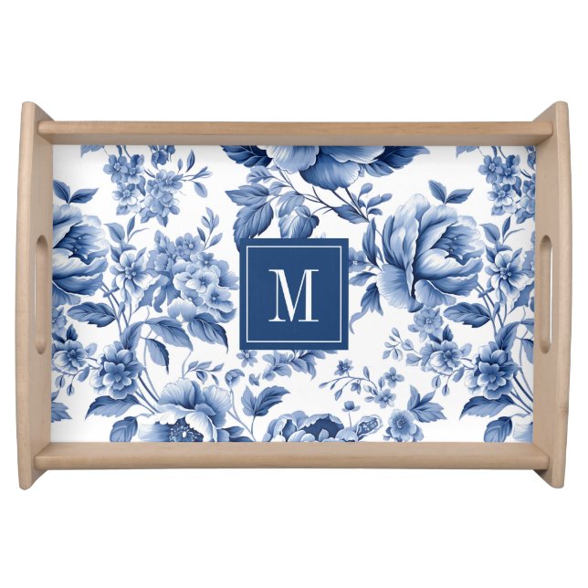Elegant Vintage Blue Floral Monogram Serving Tray (Front)