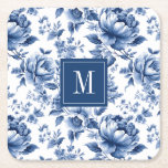 Elegant Vintage Blue Floral Monogram Square Paper Coaster<br><div class="desc">A beautiful blue and white monogram with a floral english garden pattern decorate this paper coaster. Personalize it with your monogram initial. Designed for you by blackberry Boulevard.</div>