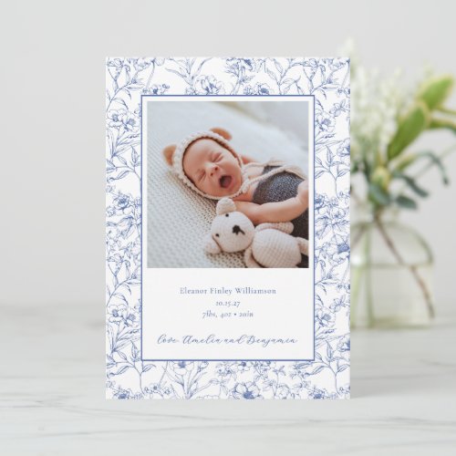 Elegant Vintage Blue Floral Photo Baby Birth Announcement