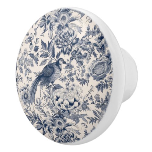 Elegant Vintage Blue Floral Toile de Jouy Ceramic Knob