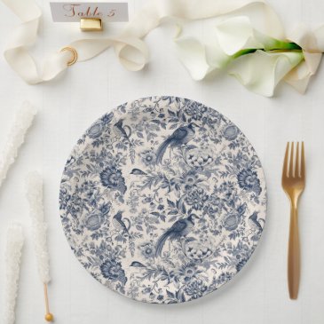Elegant Vintage Blue Floral Toile de Jouy
