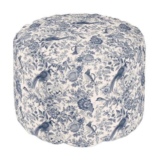 Elegant Vintage Blue Floral Toile de Jouy Pouf | Zazzle
