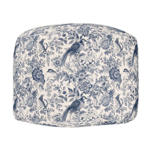 Elegant Vintage Blue Floral Toile de Jouy Pouf | Zazzle