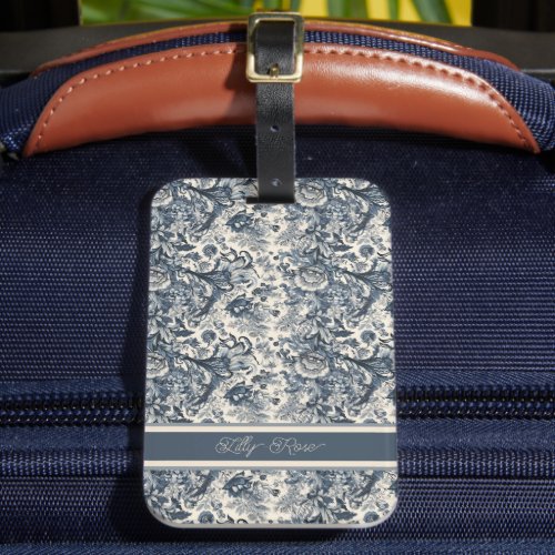 Elegant Vintage Blue Floral Toile Fleurie  Luggage Tag