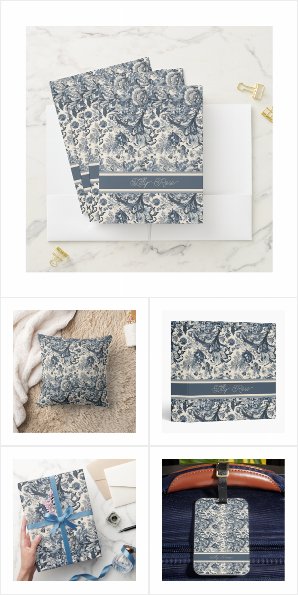 Elegant Vintage Blue Floral Toile Fleurie Pattern