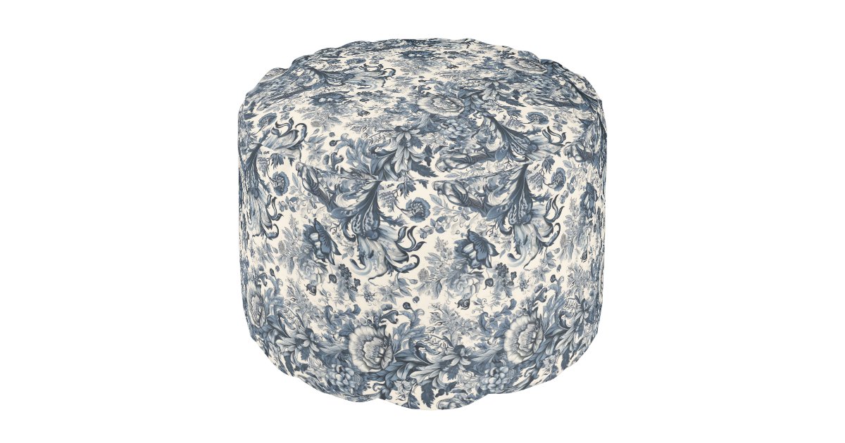 Elegant Vintage Blue Floral Toile Fleurie Pouf | Zazzle