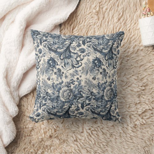 Elegant Vintage Blue Floral Toile Fleurie  Throw Pillow