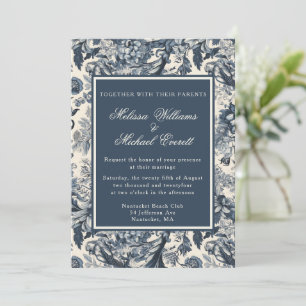 Elegant Vintage Blue Floral Toile Fleurie Wedding Invitation