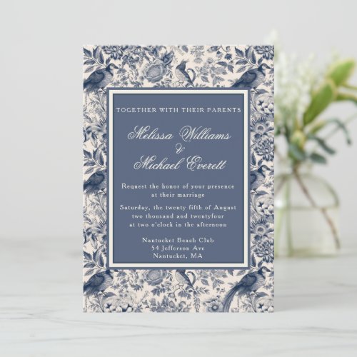 Elegant Vintage Blue Floral Toile Fleurie Wedding Invitation