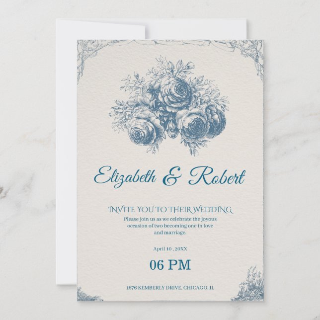 Elegant Vintage Blue Floral Wedding Invitation (Front)