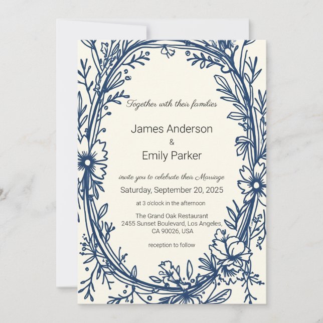 Elegant Vintage Blue Floral Wedding Invitation (Front)