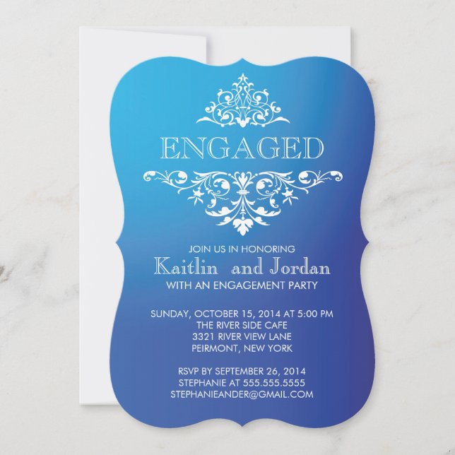 Elegant Vintage Blue Flourish Engagement Party Invitation (Front)