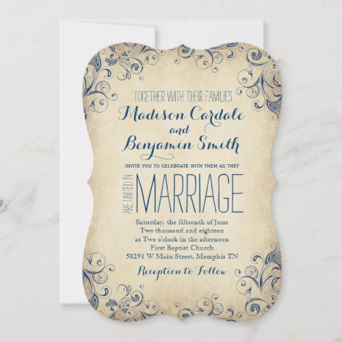 Elegant Vintage Blue Flourish Wedding Invitations 5" X 7" Invitation Card