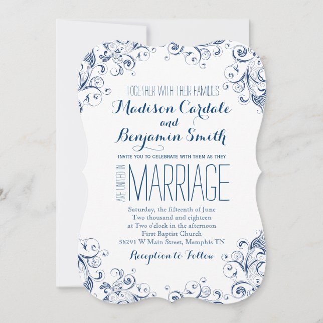 Elegant Vintage Blue Flourish Wedding Invitations (Front)