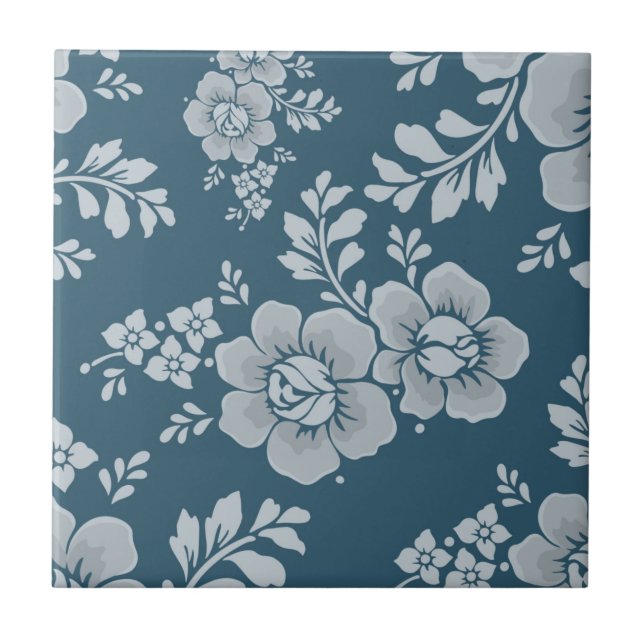 Elegant Vintage Blue Flower Pattern Ceramic Tile (Front)