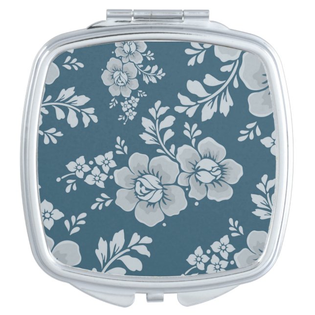Elegant Vintage Blue Flower Pattern Compact Mirror (Front)