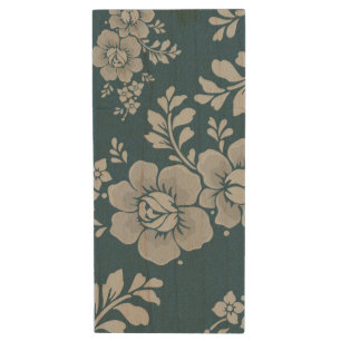 Elegant Vintage Blue Flower Pattern Wood Flash Drive