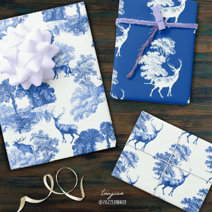 Elegant Vintage Blue French Country Toile Deer Wrapping Paper Sheets