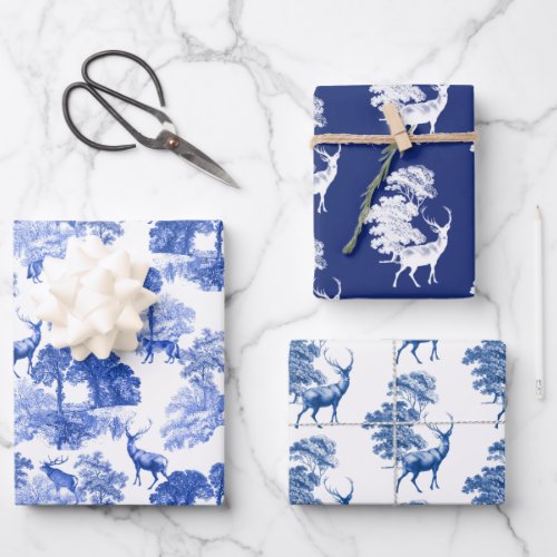 Elegant Vintage Blue French Country Toile Deer Wrapping Paper Sheets