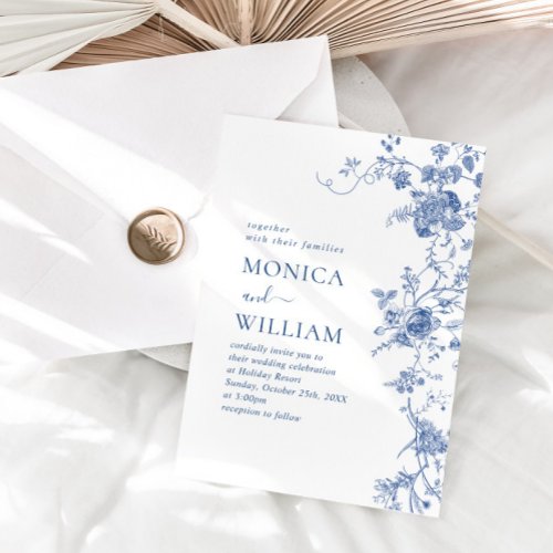 Elegant Vintage Blue French Garden Floral Wedding Invitation