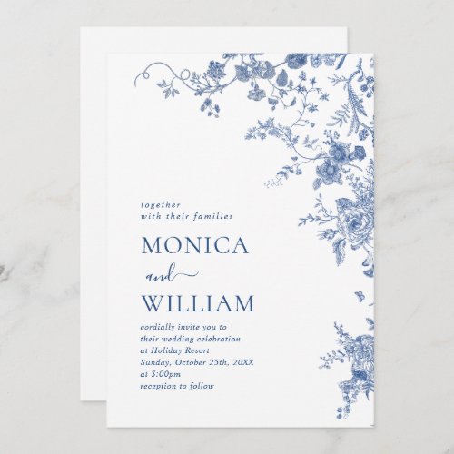 Elegant Vintage Blue French Garden Floral Wedding Invitation