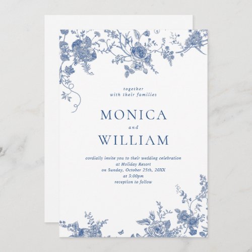 Elegant Vintage Blue French Garden Floral Wedding Invitation