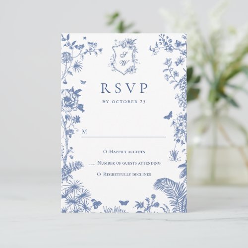 Elegant Vintage Blue French Garden Floral Wedding RSVP Card