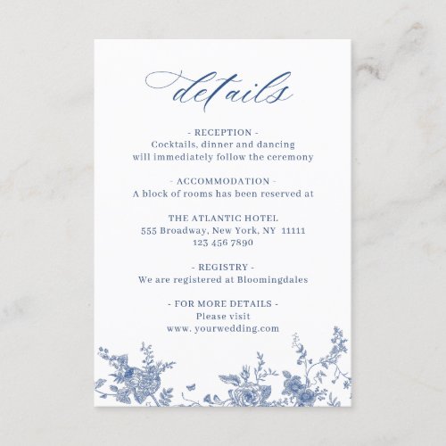 Elegant Vintage Blue French Garden Wedding Details Enclosure Card