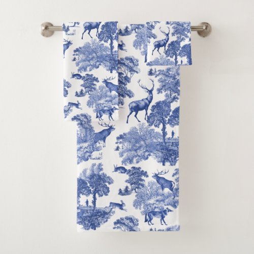 Elegant Vintage Blue French Toile Deer Bath Towel Set