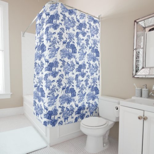 Elegant Vintage Blue French Toile Deer Shower Curtain