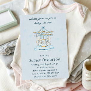 Elegant Vintage Blue & Gold Carousel Baby Shower Invitation