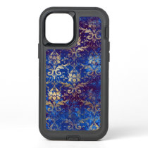 Elegant Vintage Blue Gold Damask Pattern OtterBox Defender iPhone 12 Case